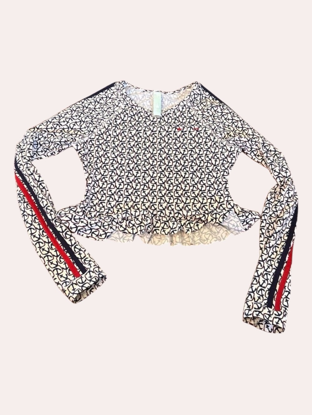 The Upside Navy & White Anchor Print Long Sleeve Crop Rash Guard with Red Stripe